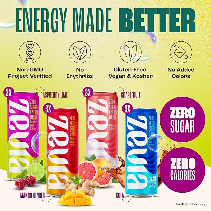 Zevia Zero Sugar Energy Drink Classic Variety Pack 12 oz Cans (12-Pack) – Naturally Sweetened Non-GMO Project Verified Gluten-Free Vegan