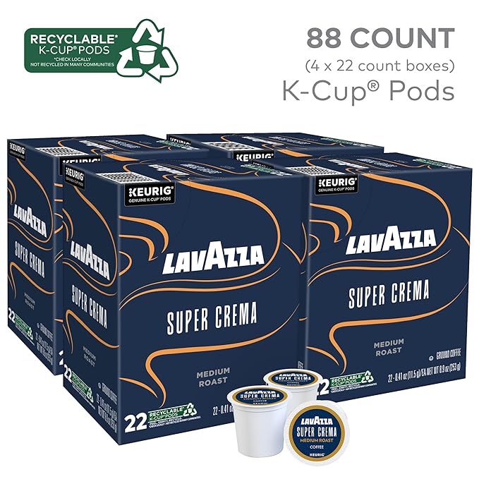 Lavazza Super Crema Single Serve Keurig K-Cup Pods Medium Espresso Roast Coffee 88 Count (4 Packs of 22)