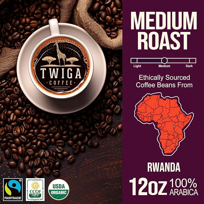 Twiga Coffee Rwandan Whole Bean – Organic Medium Roast Arabica with Caramel Cinnamon &amp Citrus Flavor Notes – Single Origin Fresh Roasted Rwandan Coffee for a Smooth Bold Cup – 12 oz