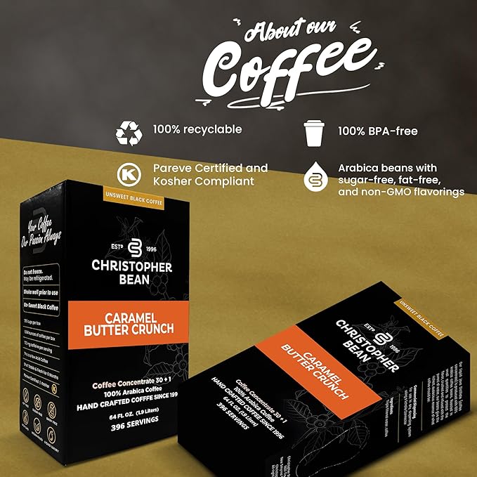 Christopher Bean Coffee - 396 servings 30 to 1 Blend Bag in Box Liquid Instant Coffee or Cold Brew Coffee Concentrate - Hot or Iced Coffee - Caramel Butter Crunch
