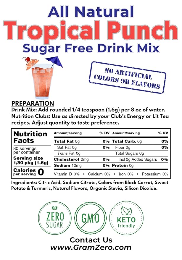 GramZero All Natural Tropical Punch Zero Calorie Sugar Free Drink Mix Great For Nutrition Club Loaded Tea Stevia Sweetened