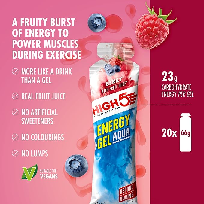 HIGH5 Energy Gel Aqua Liquid Quick Release Energy On The Go from Natural Fruit Juice (20 x 66g Sachets) (Berry)
