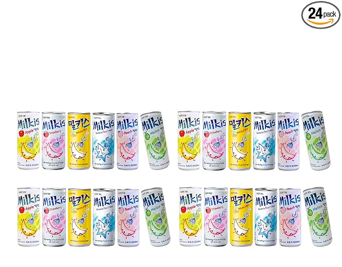Lotte Milkis 6 Flavors Combo (Original Apple Melon Peach Banana &amp Strawberry) (6 x 4 cans 8.45 FL Oz(Pack of 24))