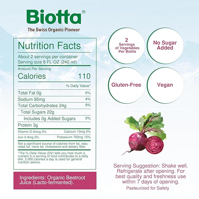 Biotta Organic Beet Juice - 100% Vegetable Juice for Energy Immunity &amp Wellness - Excellent Source of Nutrients - All Natural Non-GMO Gluten-Free (16.9 Fl Oz Pack of 6)