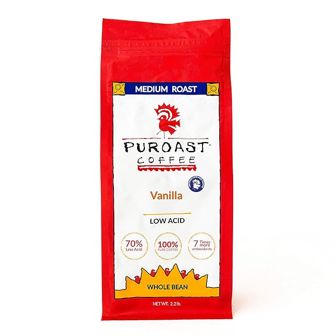Puroast Low Acid Coffee Whole Bean | Vanilla Whole Bean | Flavored Coffee | High Antioxidants &amp High pH |No Bitter Aftertaste | Reduced Heartburn &amp GERD | Suitable for Cold Brew - 2.2 LB