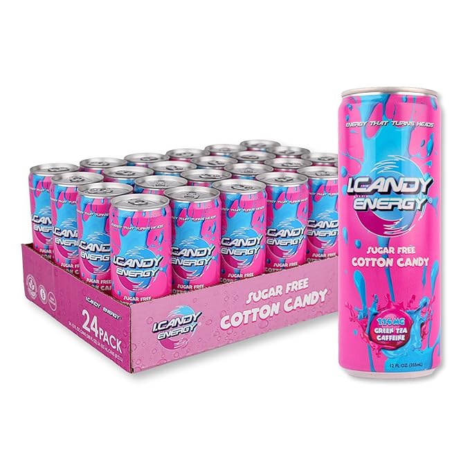I.CANDY Energy Drink Cotton Candy 24 Pack 12 oz Cans Sugar Free Energy Drinks Bulk Zero Calorie Pink Energy Drink Case 114mg Caffeine Clean Energy