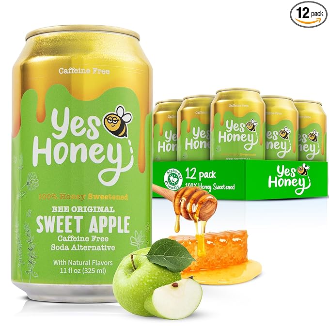 Yes Honey Soda Sweet Apple 11oz (12-Cans) Alpha Gal Friendly 100% Honey-Sweetened Healthy Soda Gluten Free Caffeine Free No Added Sugar