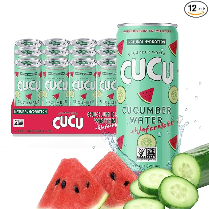 CUCU Pressed Cucumber + Watermelon Water – Real Juice from Fresh Cucumbers and Watermelons with Vitamin C Electrolytes &amp Antioxidants – No Sugar Added Non-GMO – 11 fl oz Cans 12 Pack