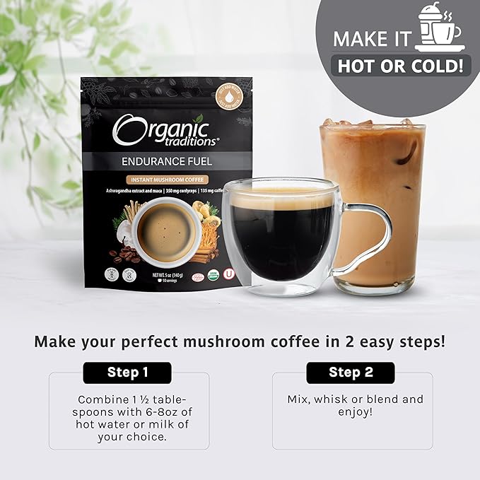 Organic Traditions Endurance Fuel Mushroom Coffee Instant Coffee with Cordyceps Ashwagandha and Maca Rich Mocha Flavor Plant Based Superfood Coffee Alternative 10 Servings 280g / 10oz