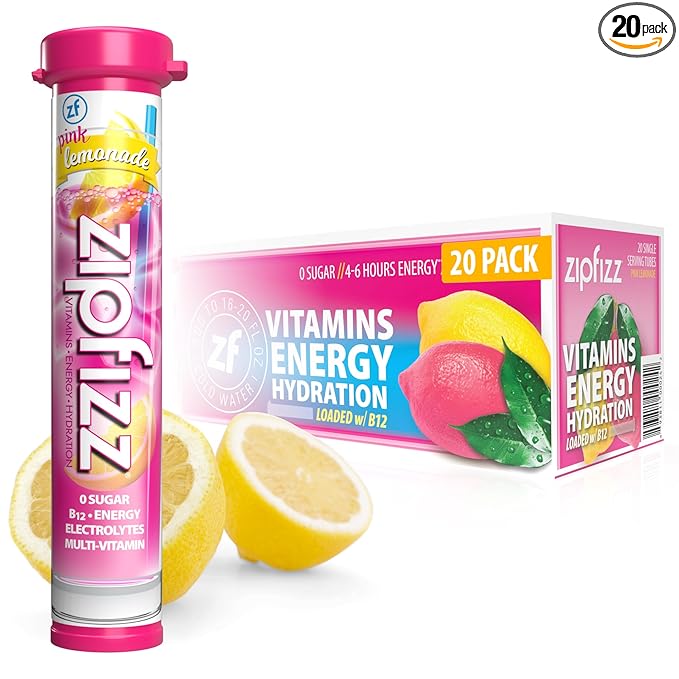 Zipfizz Daily Energy Drink Powder Pink Lemonade 20 Pack | 3-in-1 Sustained Energy Rapid Hydration and Essential Vitamins | Sugar-Free | Electrolyte Powder | Contains Vitamin B-12 &amp Antioxidant