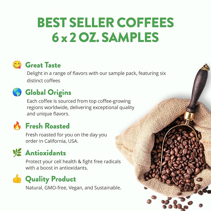 Best Sellers Coffee Sample Pack - 6 Varieties: Breakfast Blend Cowboy Blend Pure Peru Magic Mexico Bali Blue Moon Six Bean Espresso 12 oz