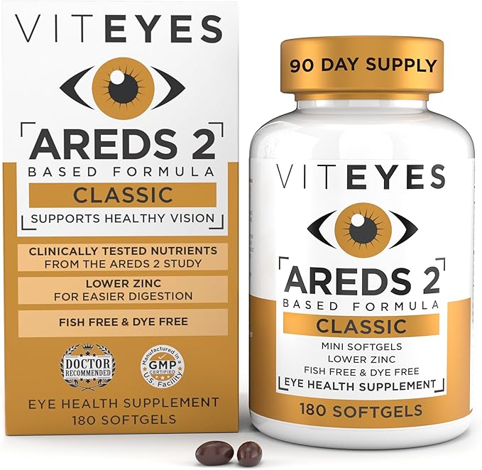 Viteyes AREDS 2 Classic Macular Health Formula Softgels Eye Health Vitamin to Support Macular Health Lower Zinc Eye Vitamins Macular Vitamins Beta-Carotene Free 180 Softgels