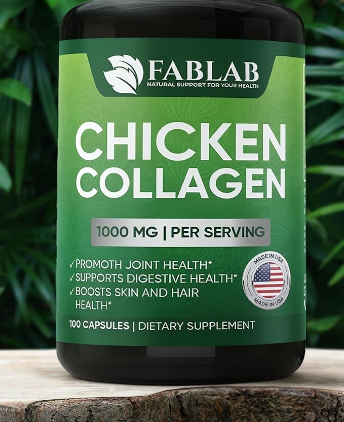 FabLab Chicken Sternum Cartilage Type II Collagen Capsules - Nutritional Supplement for Joints-1000mg per Serving - Non-GMO Anti-Aging Dietary Product with Hydrolyzed Peptides- 100 Capsules