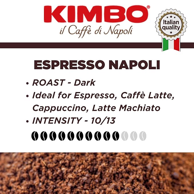 Kimbo Espresso Napoli Ground Coffee | Dark Roast | Intense Aroma &amp Long Lasting Flavor | 10/13 Intensity | 8.8 oz (250g) Brick