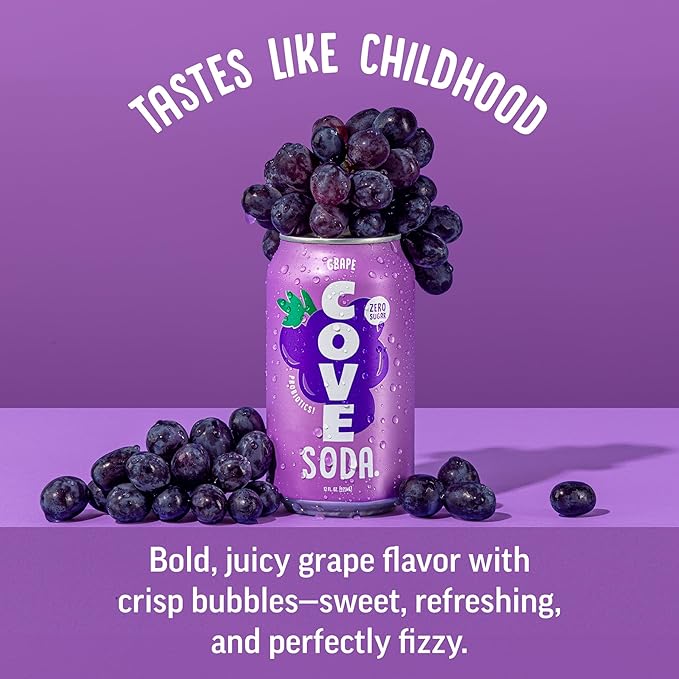 Cove Probiotic Soda Zero Sugar Better-For-You Alternative - Refreshing Delicious Probiotic Drink No Synthetic Colors &amp Caffeine Free - Grape 12 Pack