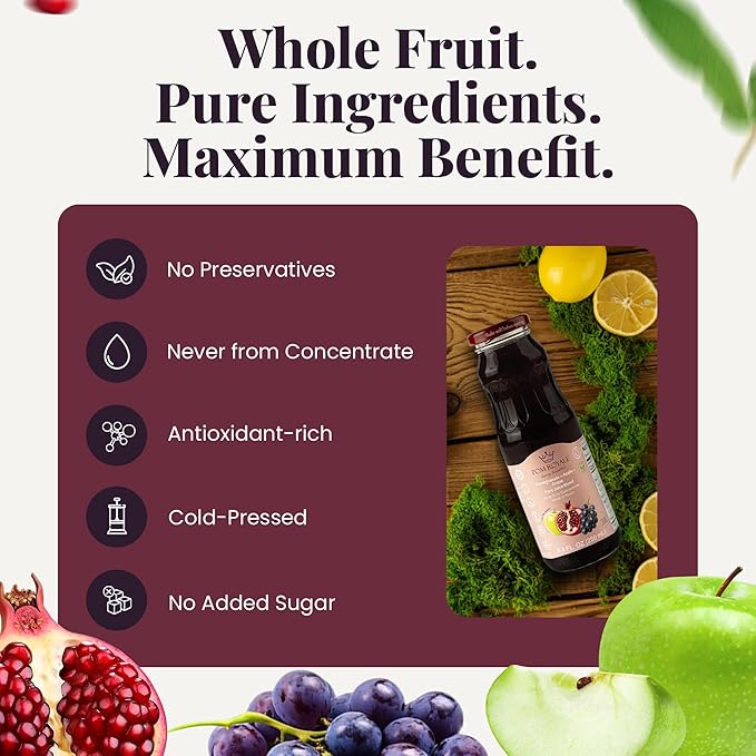 Pure Pomegranate Apple &amp Grape Juice 8.4oz Glass Bottle (Pack of 12) Cold Pressed Juice Not from Concentrate Non-GMO No Sugar Added Gluten Free Preservative Free