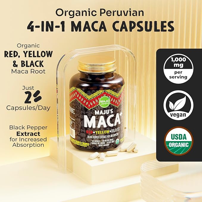 Maju Superfoods 4-in-1 Maca Root Capsules Organic Black Yellow &amp Red Roots w Black Pepper Extract for Absorption (120 ct) | Peru Product Peruvian Powder Men &amp Women Supplement 60000 mg