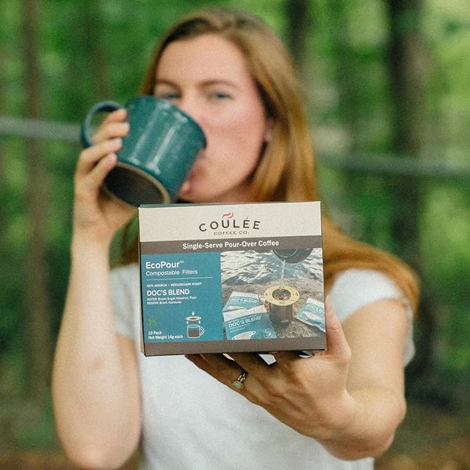 Coulée EcoPour She Devil Coffee Single Serve Pour Over Arabic Coffee Medium Roast Use for Camping or Traveling Pre Filled Compostable Filters Ready to Brew with Hot Water 20 Pack