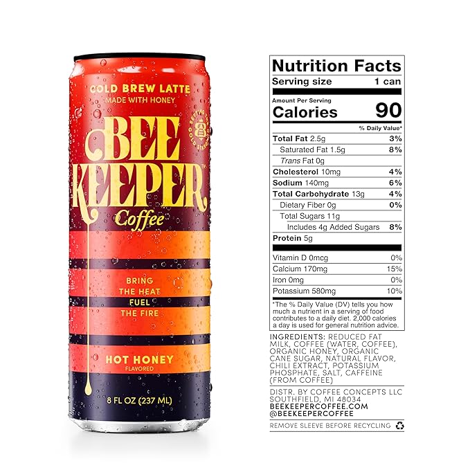 Beekeeper Hot Honey Latte Cold Brew Coffee Drinks with Oregon Honey | 12 Pack Refreshing Iced Coffee - Unsweetened &amp Strong Arabica Brew 8 fl oz Ready-to-Drink Can - 180mg Natural Caffeine