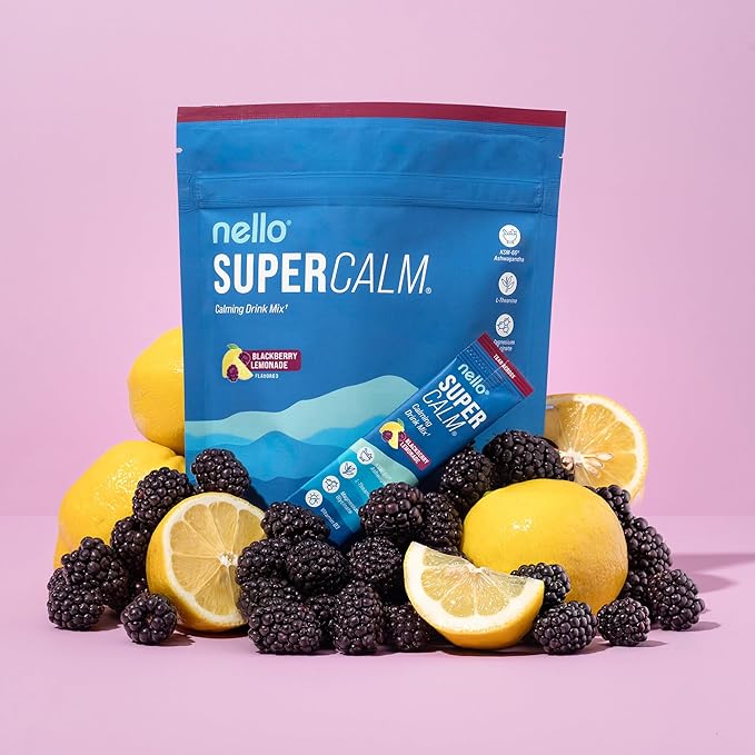 Nello Supercalm Powdered Drink Mix Cortisol Reducer* Sleep Aid Supplement L Theanine Ksm-66 Ashwagandha Magnesium Glycinate Vitamin D 3 No Sugar Non GMO 20 Ct BlackBerry Lemonade
