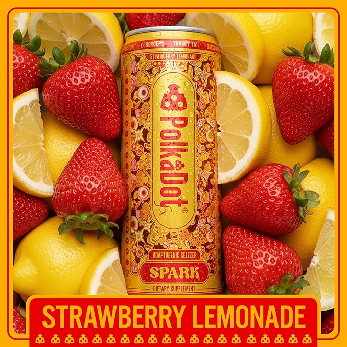 Polkadot Spark Seltzer Strawberry Lemonade Flavor Sparkling Drink with L-Theanine Lion’s Mane Ginkgo and Green Tea Zero Sugar Beverage 12 FL Oz