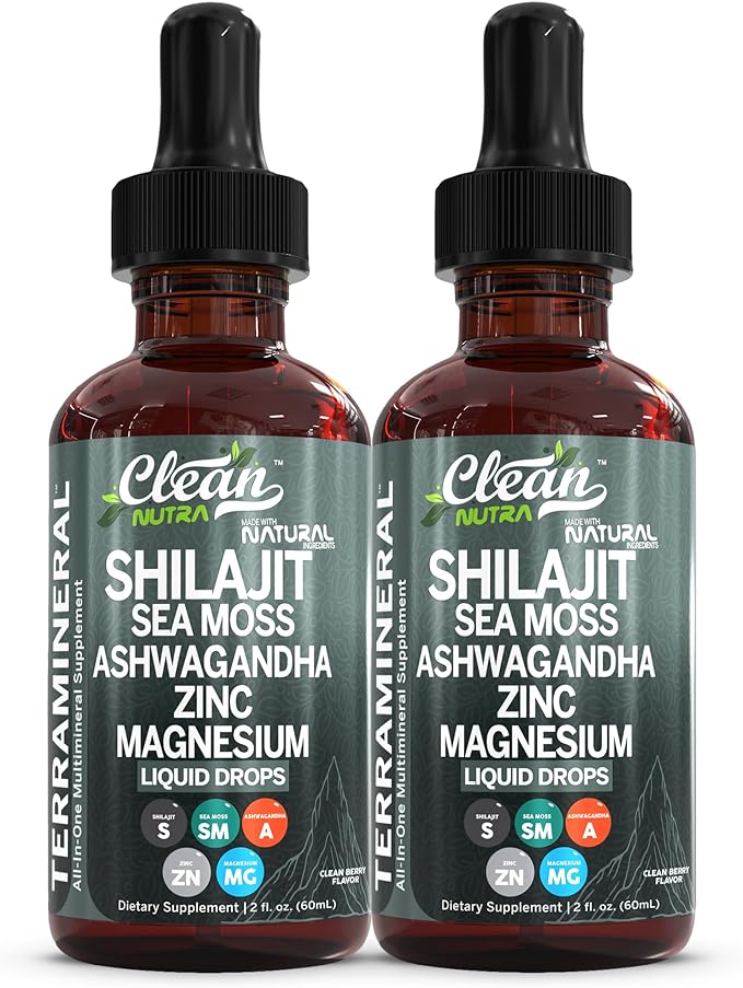 Shilajit Liquid Drops with Sea Moss Ashwagandha Zinc Magnesium Liquid Vitamins for Women and Men - Terra Mineral by Clean Nutra - 2Pack