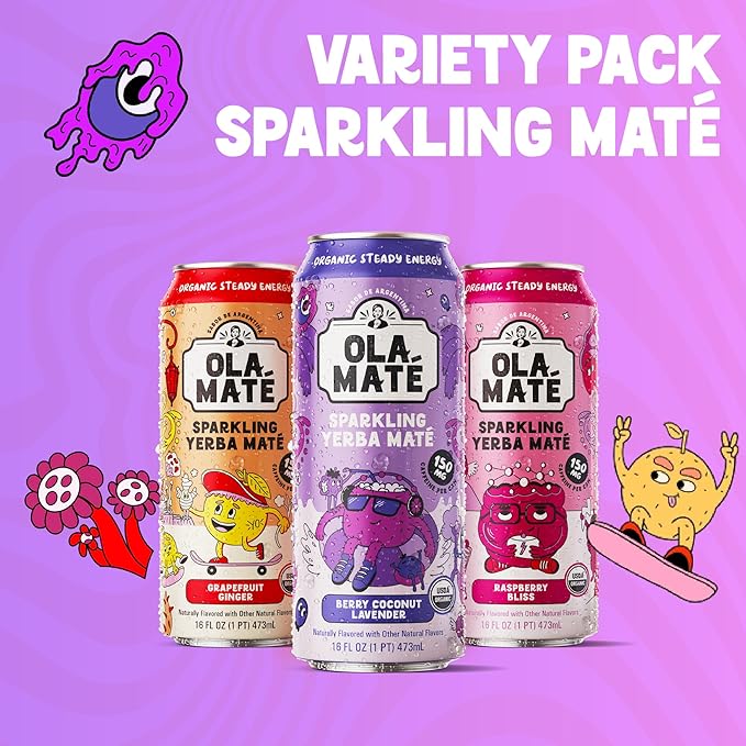 Yerba Mate Energy Drink - Low Sugar Sparkling Tea Cans Variety Pack with Ashwagandha Lion’s Mane USDA Organic Clean Energy Drink with 150mg Natural Caffeine Ola Maté