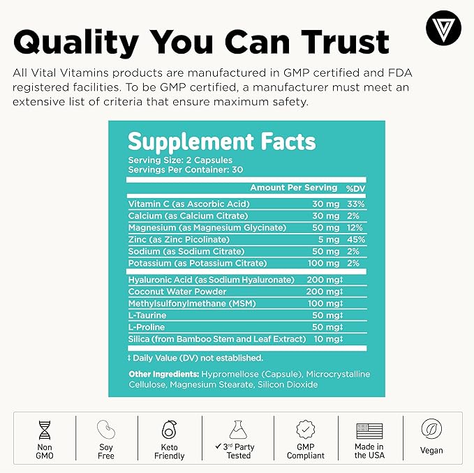 Vital Vitamins Multi-Collagen Powder 30 Servings + Hyaluronic Acid Hydration Complex 60 ct