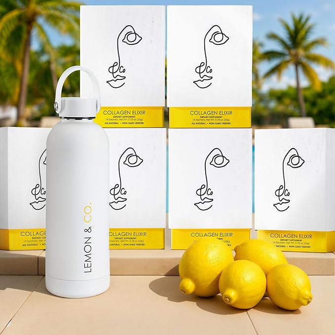 LEMON &amp CO. 12-Week Starter Kit Bundle – Liquid Collagen for Women + Insulated Bottle - 5000mg Marine Collagen Peptides for Skin Nails Hair &amp Gut Health | Organic Lemons Vitamin C No Prese