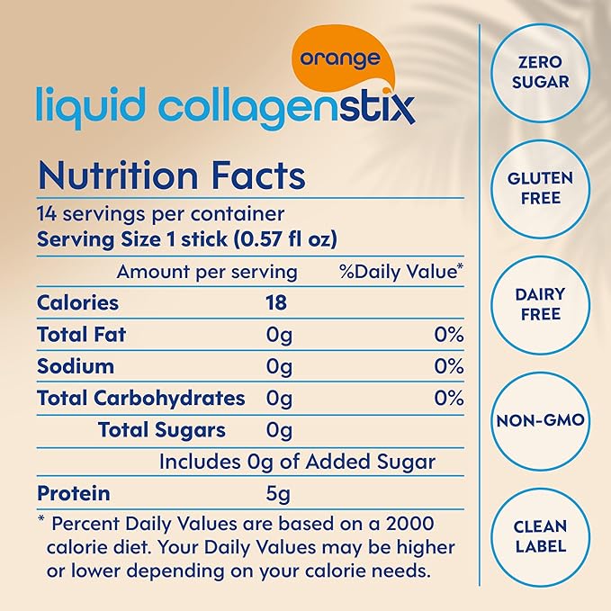 Hydrolyzed Liquid Collagen Peptides for Women &amp Men - Grass-Fed Bovine Protein Supplement for Hair Growth Skin and Nails (Pack of 14 Orange)