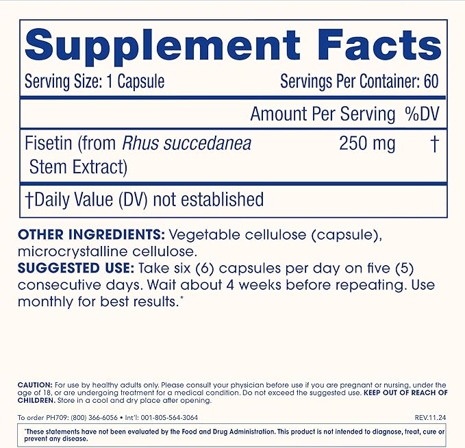 ProHealth Pure Fisetin Supplement 250mg | 60 Capsules | Ultra Pure Natural Fisetin for Healthy Aging Cellular Support &amp Brain Health | Triple 3rd Party Tested | GMP Manufactured in the USA
