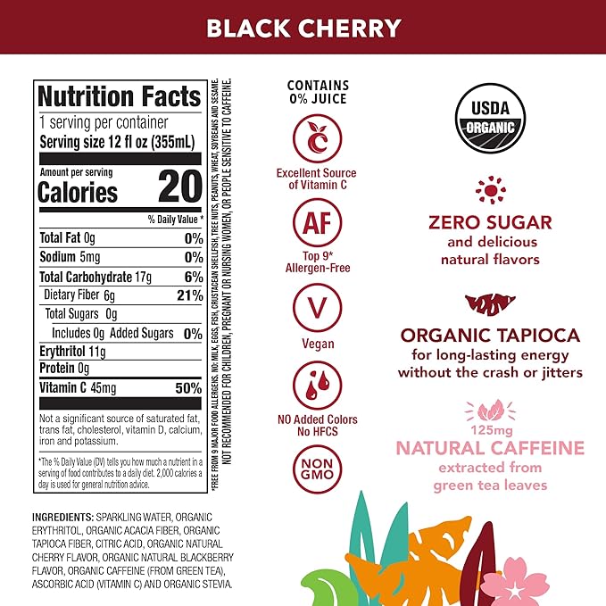 OCA ZERO Black Cherry Organic energy drink zero sugar gluten-free vegan plant-based 12 Fl Oz (12-pack)