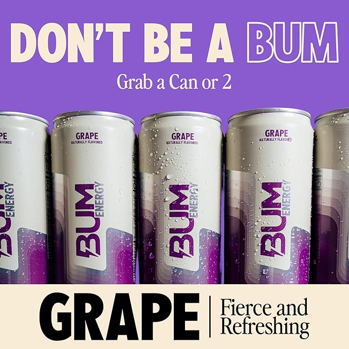 BUM Sugar-Free Energy Drink Grape - Lightly Carbonated &amp No Artificial Colors Natural Caffeine &amp Citicoline for Energy &amp Focus Brain Boost &amp Workout Sports Beverage - 12 oz Pack of
