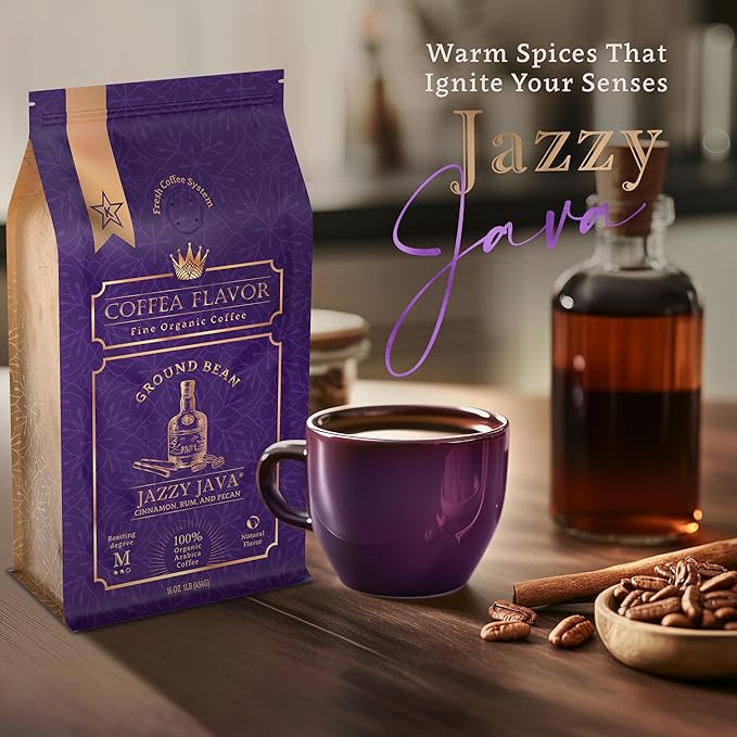 Jazzy Java – Spiced &amp Nutty Flavored Ground Coffee – Organic Medium Roast 100% Arabica Single Origin – Naturally Flavored – by Coffea Flavor