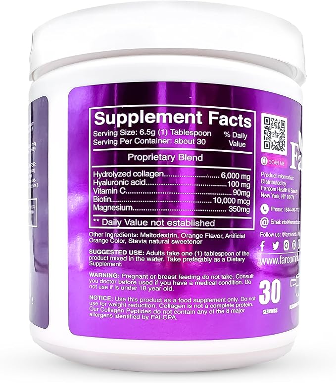 HYALURONIC Acid Collagen Powder Orange Collagen Supplements for Hair Joints and Skin. Multi Collagen Peptides with a Vitamin C and Fruit Flavor. 7 OZ / 198 G