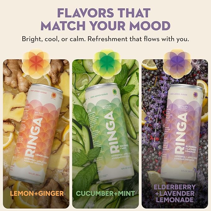 RINGA Elderberry Lavender Lemonade Sparkling Drink – Organic Moringa + Apple Cider Vinegar with 3g Prebiotic Fiber – No Added Sugar No Natural Flavors – Gut Health &amp Immunity Support – 12oz Cans