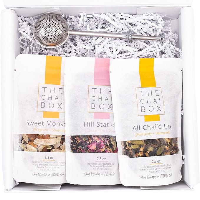 The Chai Box Top Selling Loose Leaf Tea Gift Set - Featured in Oprah's Favorite Things | 3-Flavor Caffeinated Chai Tea Gift Box with Stainless Steel Steeper (3 Pack) | Small Batch Loose Leaf Tea with