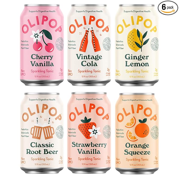 OLIPOP - 6-Flavor Soda Variety Pack Healthy Soda Sampler Prebiotic Soft Drinks Supports Digestive Health &amp Gut Health High Fiber Low Calorie Low Sugar(12 oz 6-Pack)
