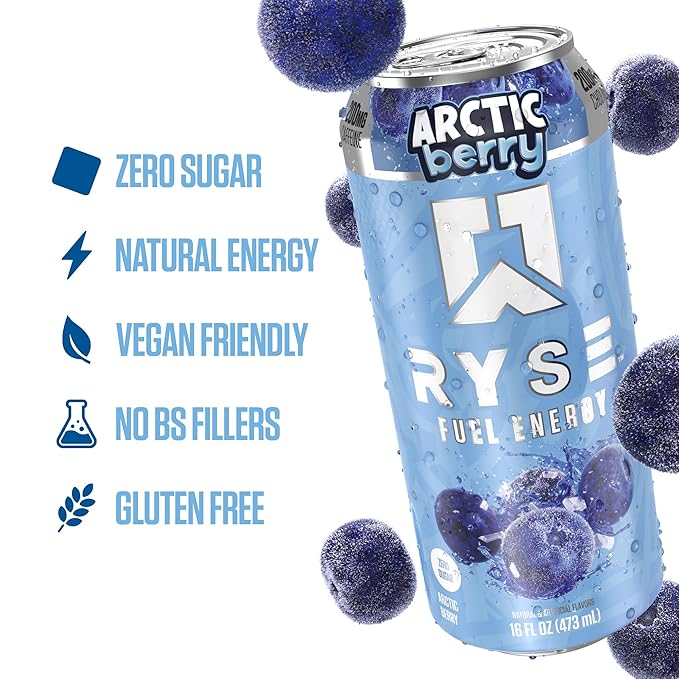 RYSE Fuel Energy Drink - Arctic Berry - Sugar Free Gluten Free &amp Vegan - 200mg Natural Caffeine Taurine &amp Choline for Focus &amp Energy - No Artificial Colors - 16 fl oz Cans (12-Pack)