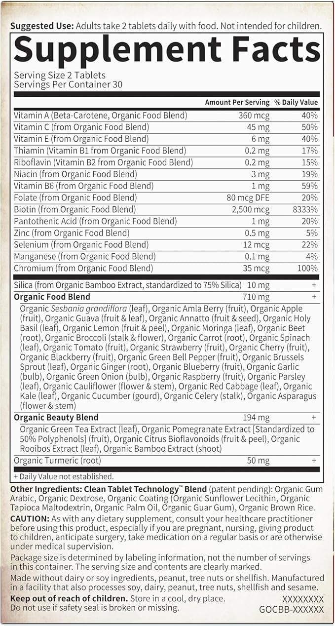 Garden of Life Organics Vegan Collagen Builder - Organic Plant Collagen Beauty Booster - Silica &amp Biotin for Hair Skin Nails and Joint Support – No Added Sugar 60 Tablets