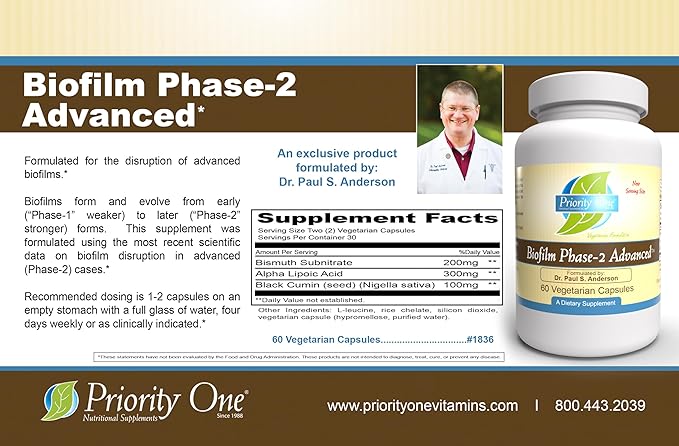 Priority One Vitamins Biofilm Phase-2 Advanced 60 Vegetarian Capsules Exclusively formulated by: Dr. Paul S. Anderson - Disruption of Advanced biofilms*