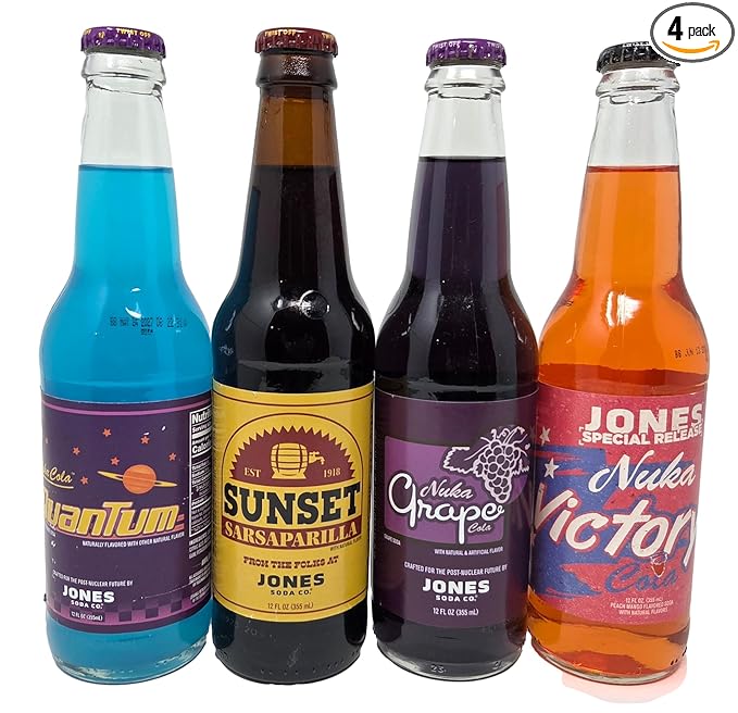Jones Soda Fallout Themed 4-Flavor Variety Gift Set 12 fl oz Bottles Includes Rare SOUR Nuka Cola Quantum Sunset Sarsaparilla Nuka Grape and Nuka Victory Cola