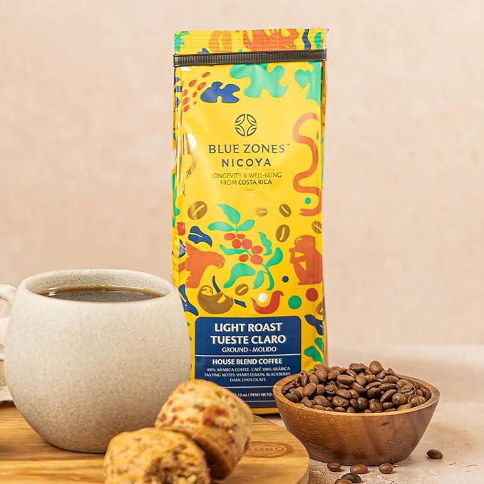 Blue Zones Nicoya - House Blend Ground Coffee - 100% Arabica Light Roast - Fruity Caramel Flavor - All Natural Gluten &amp Sugar-Free (24oz/ 680g)