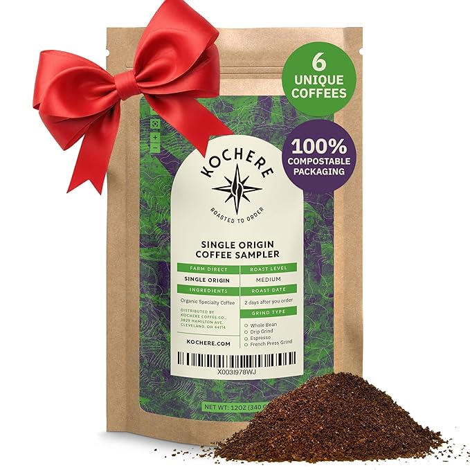 Kochere Single Origin Ground Coffee Beans - Organic Medium Roast Espresso 6 x 2oz Sampler Gift Set Freshly Roasted to Order Farm Direct - Ethiopia Costa Rica Brazil Honduras Tanzania &amp Colo
