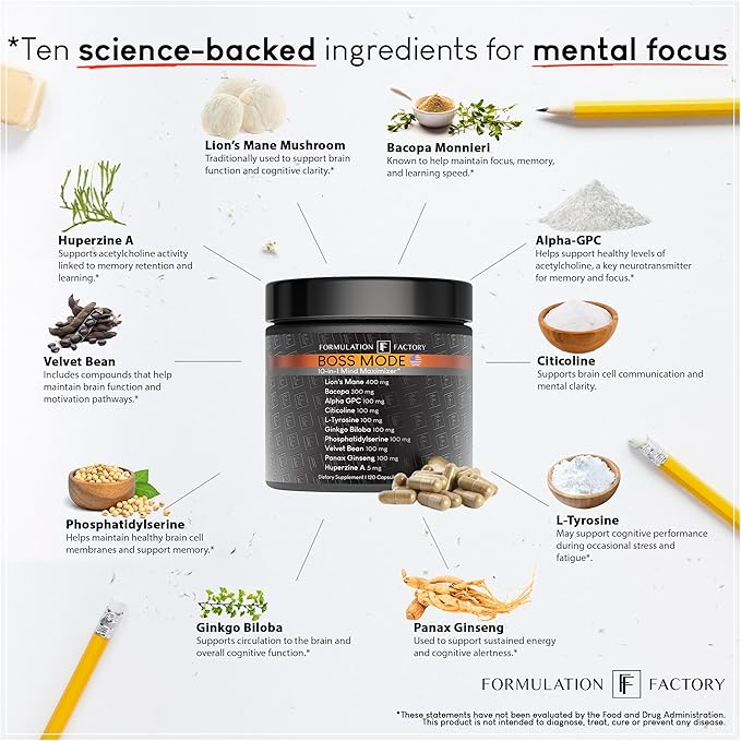 Formulation Factory Boss Mode 10-in-1 Nootropic Cognitive Enhancement Supplement Focus &amp Memory Booster Featuring Lion’s Mane Bacopa Monnieri Alpha-GPC Ginseng &amp More 360 Capsules (3 Pack
