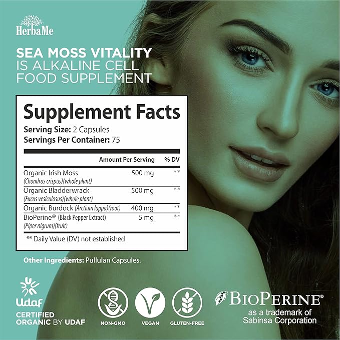 Organic Irish Sea Moss with Bladderwrack Burdock Root &amp Black Pepper Extract 150 Capsules Thyroid Support Natural Iodine Source Promotes Immune System Cell Food Alkaline Supplement