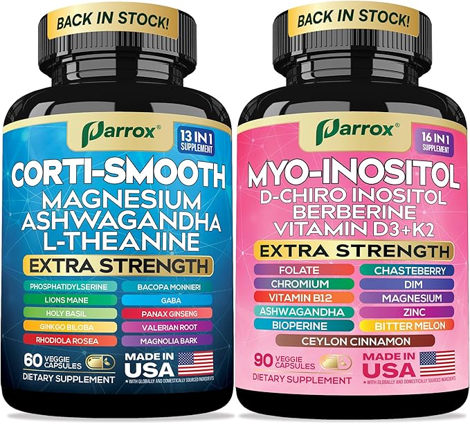 Cortisol &amp Myo-Inositol Supplement Bundle Soothe &amp Smooth Bundle 13-in-1 Cortisol Balance Magnesium Ashwagandha L-Theanine D-Chiro Inositol Folate Berberine Chasteberry (150 Capsules)