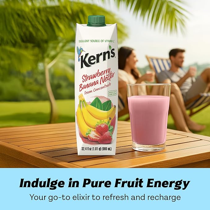 Kern’s Strawberry Banana Nectar Juice - Made with Fresh Fruit Puree - Tropical Fruit Juice Concentrate for Smoothie Mix Cocktail Mixers Kids Drinks &amp Mexican Beverages - 32.4oz 12 Pack Carton