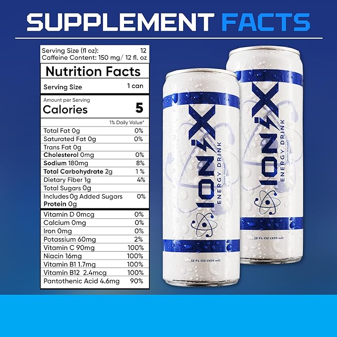Zero Sugar Energy Drink - ionix Nootropic Drink to Boost Focus and Mood with L-Theanine Natural Green Tea Caffeine Vitamins &amp Prebiotic for Gut Health - 12 fl oz Cans (Pack of 12)