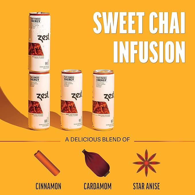 Zest Clean Energy Drink – Sweet Chai Infusion – 150mg Caffeine + 100mg L-Theanine – Natural Focus &amp Concentration Boost – Healthy Energy Drink 12oz Can 12 Pack – Low Sugar No Artificial Sweetener